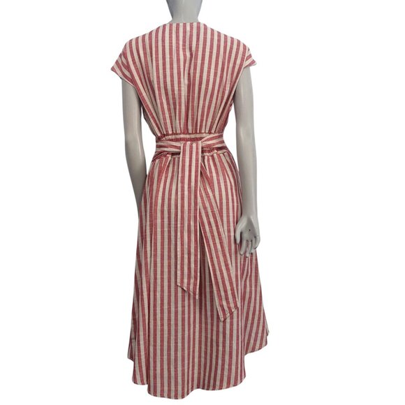 Max Studio Striped Midi Day Dress Small Red Cream Cottagecore V Neck Sash Tie - Picture 3 of 11